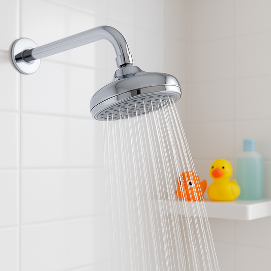 Modern chrome showerhead spraying a clean, even flow of water with children’s bath toys on a nearby shelf