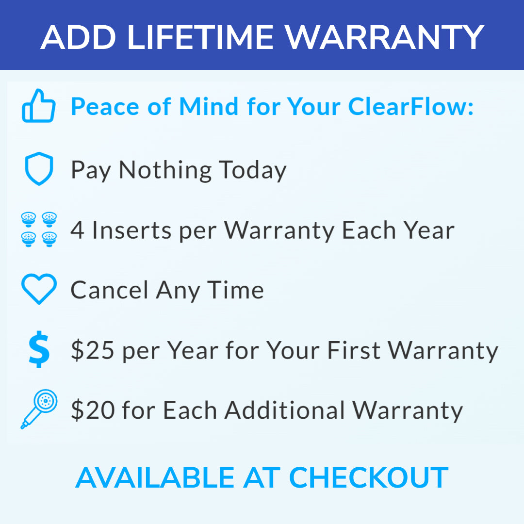 Lifetime warranty offer for ClearFlow product with peace of mind benefits.