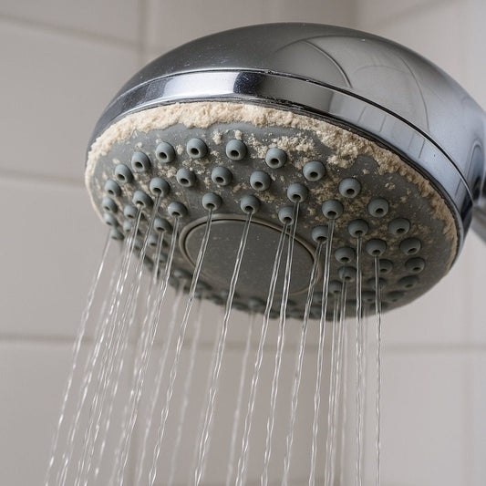 A shower spray with some jets blocked or spraying sideways (biofilm/limescale disrupting flow)